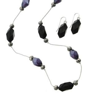 Silver Tone Black Hematite Glass Necklace & Earring Set